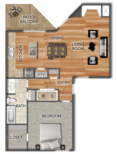 Floor plan for 1 bed, 1 bath, 680 sqft